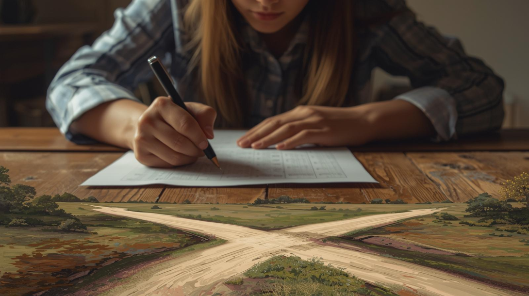 A student taking a test with crossroads in the foreground.